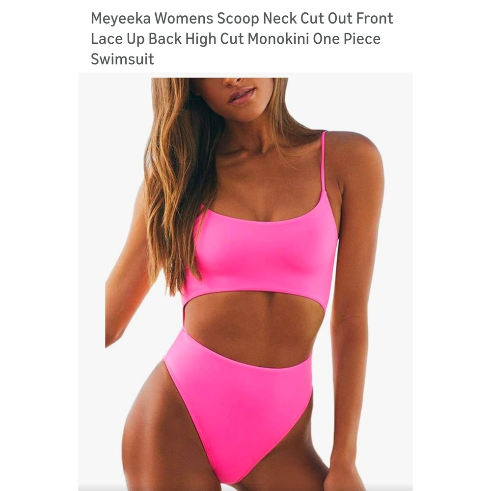 Meyeeka Womens Neon Pink Cut Out Lace Up Back High Cut‎ Monokini Swimsuit